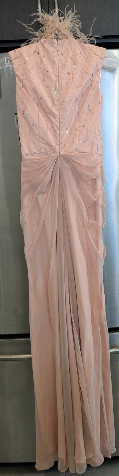 Anna Elise Peach Long Sleeveless Sequin Beaded Feather Zip Evening Gown 0