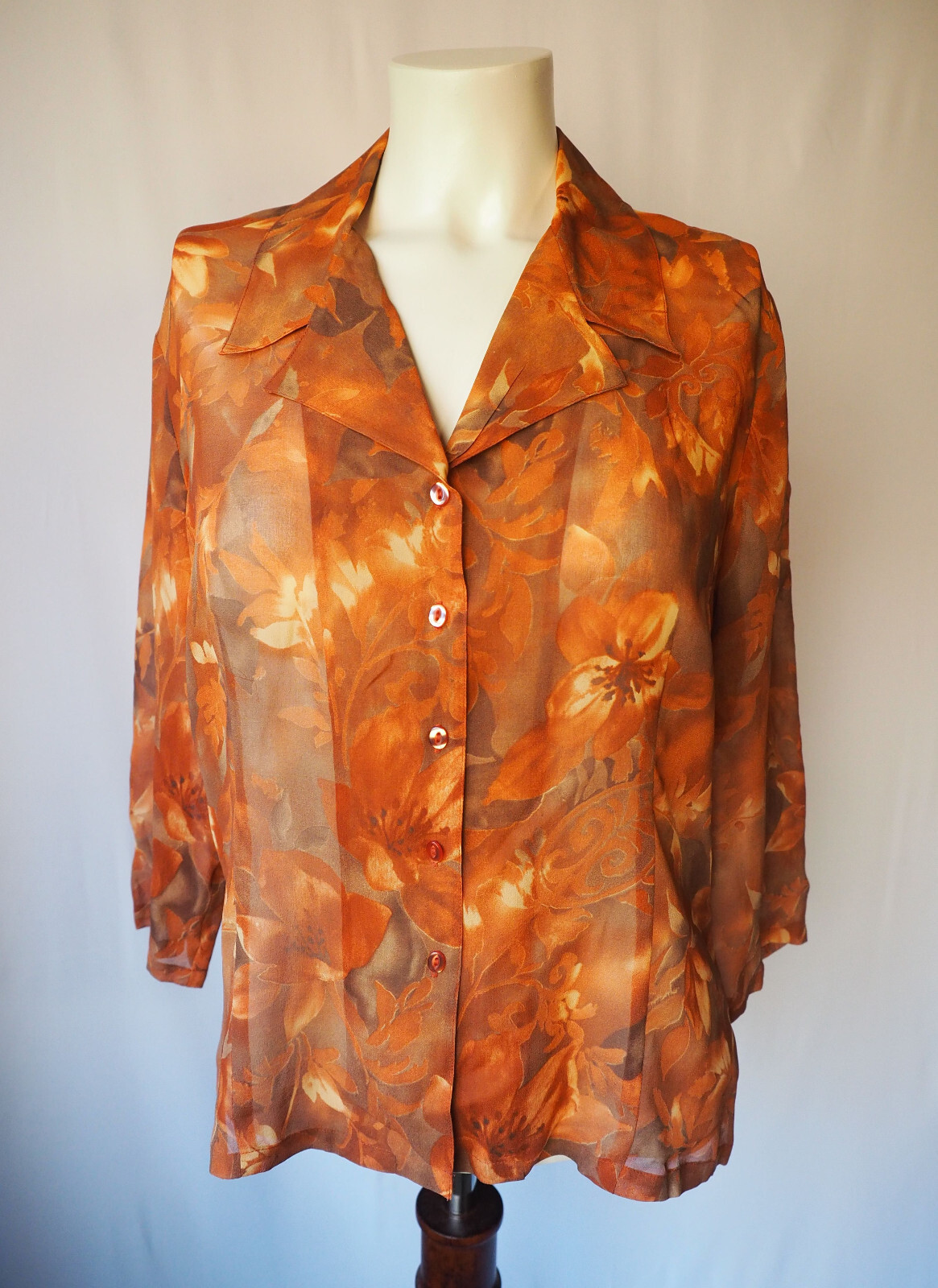 Tess Dress 100% Silk Two Piece Set Lined Chiffon Topper Floral Burnt Orange 10
