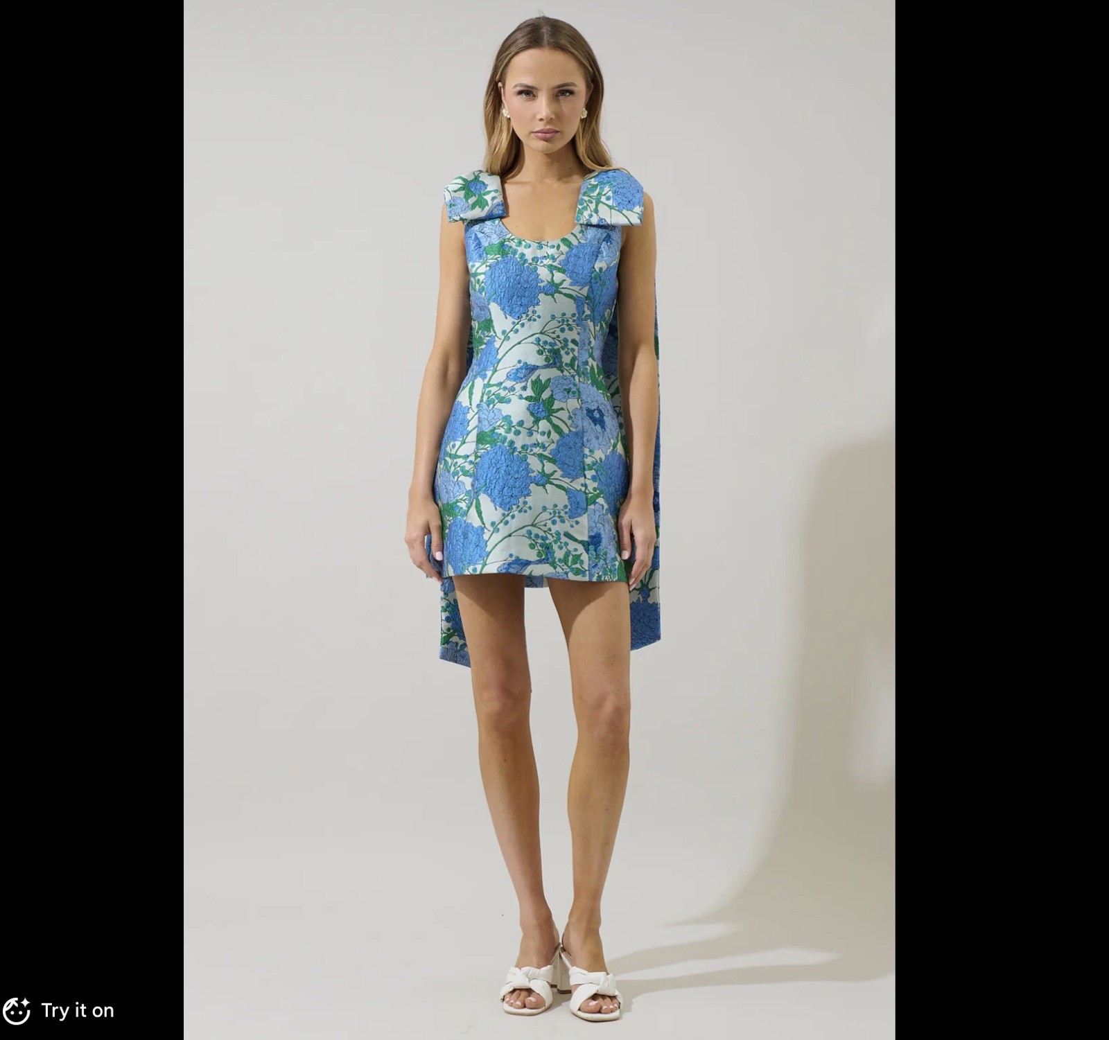 Sugarlips Willa XS Blue Floral Jacquard Bow Shoulder Mini Dress Wedding Party