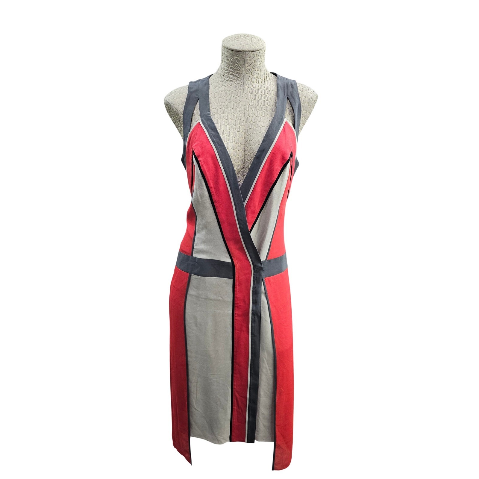 BCBGMaxAzria Runway Brenda Dress Women XS Chalk Grey Red Silk Colorblock Midi
