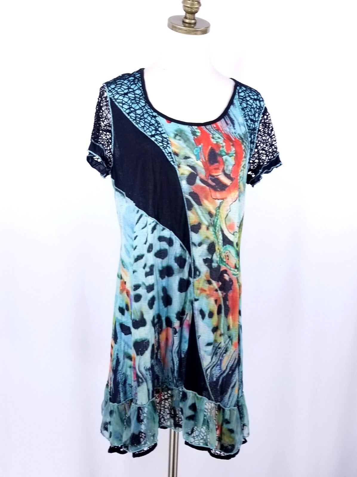 FLEUR DE LIS Tunic Dress Size M Blue Animal Print Mesh Accent Ruffle Hem