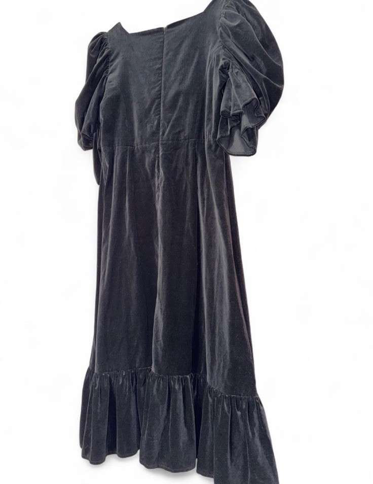 Mary Benson Black Velvet A-Line Maxi Dress Puff Sleeve Square Neck Ruffle
