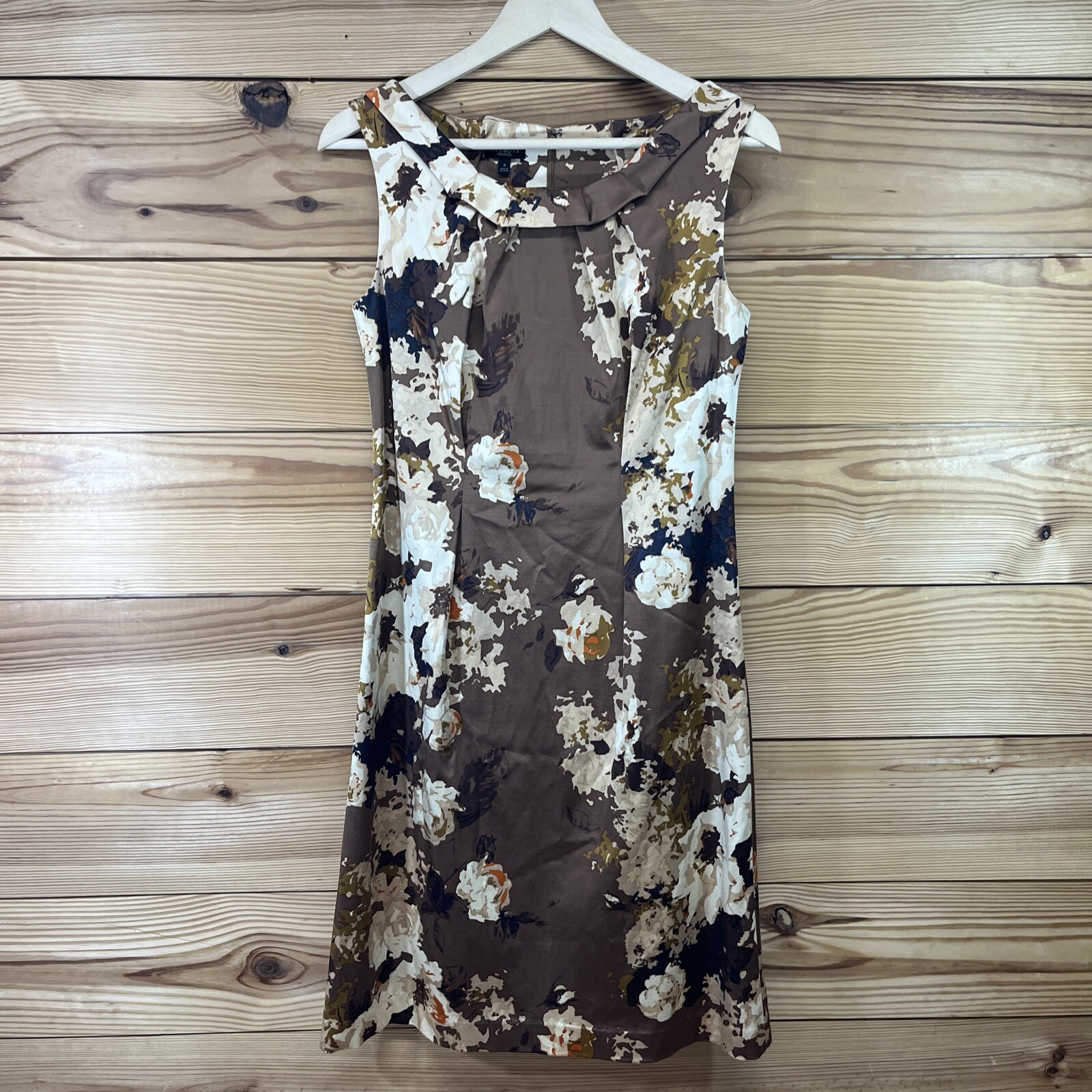 Talbots Dress 4 Brown Beige Floral Sheath Lined Stretch Classic Boat Neck B60