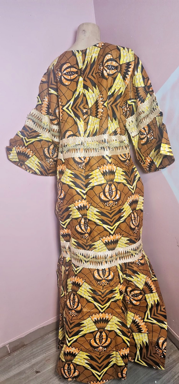 African Ankara Wax Print Maxi Boubou Dress |Handcrafted| Brown & Gold Geometric