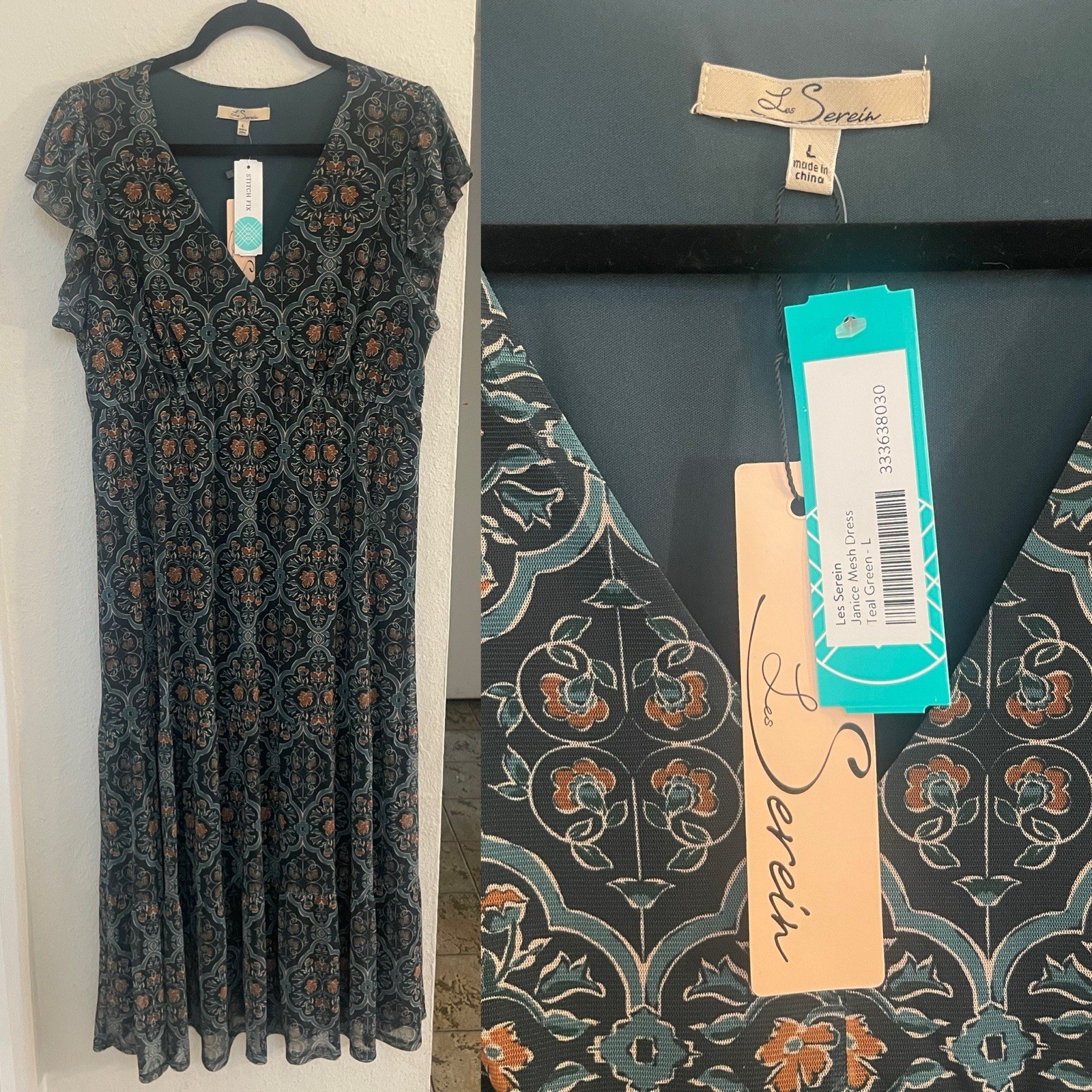 NWT Les Serein Women’s Size Large Janice Dress Teal Green Blue Burnt Orange