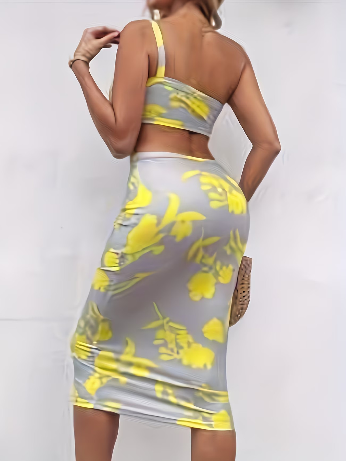 Medium. Midi Elegant Yellow & Grey, 1-Shoulder, Gorgeous Cutout Bodycon Dress