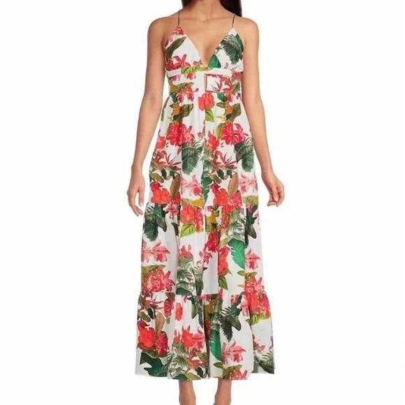 Gianni Bini Maxi Dress Size 6 White Floral Tropical Tiered Cotton Boho Vacation