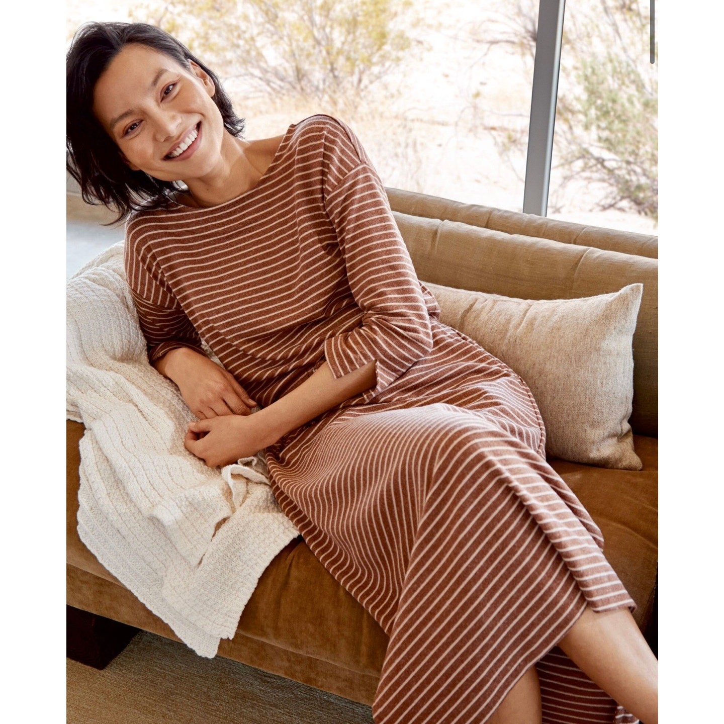 Haven Well Within Marled Knit Tie Waist Midi Dress Size M Brown Comfort Lounge