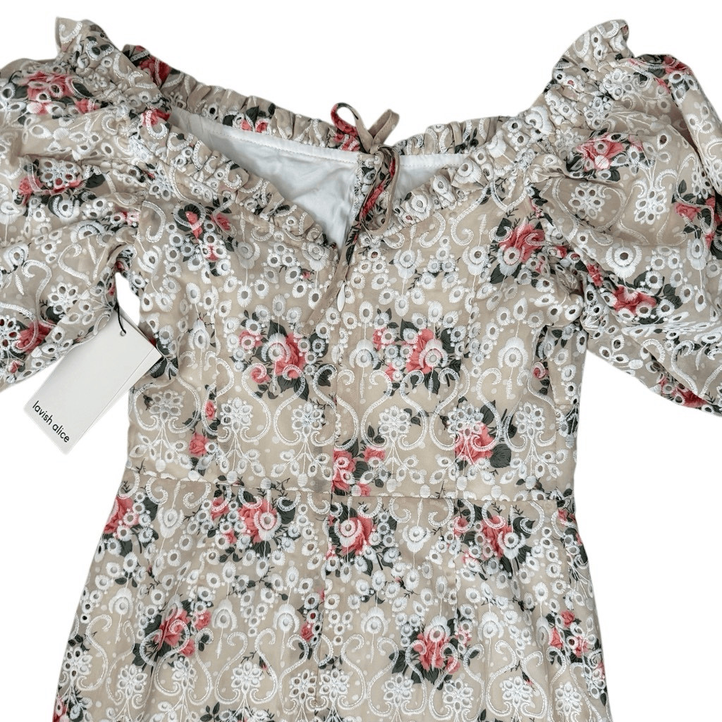 Lavish Alice Off Shoulder Floral Lace Midi Dress Puff Sleeve Corset Sz 6 NWT