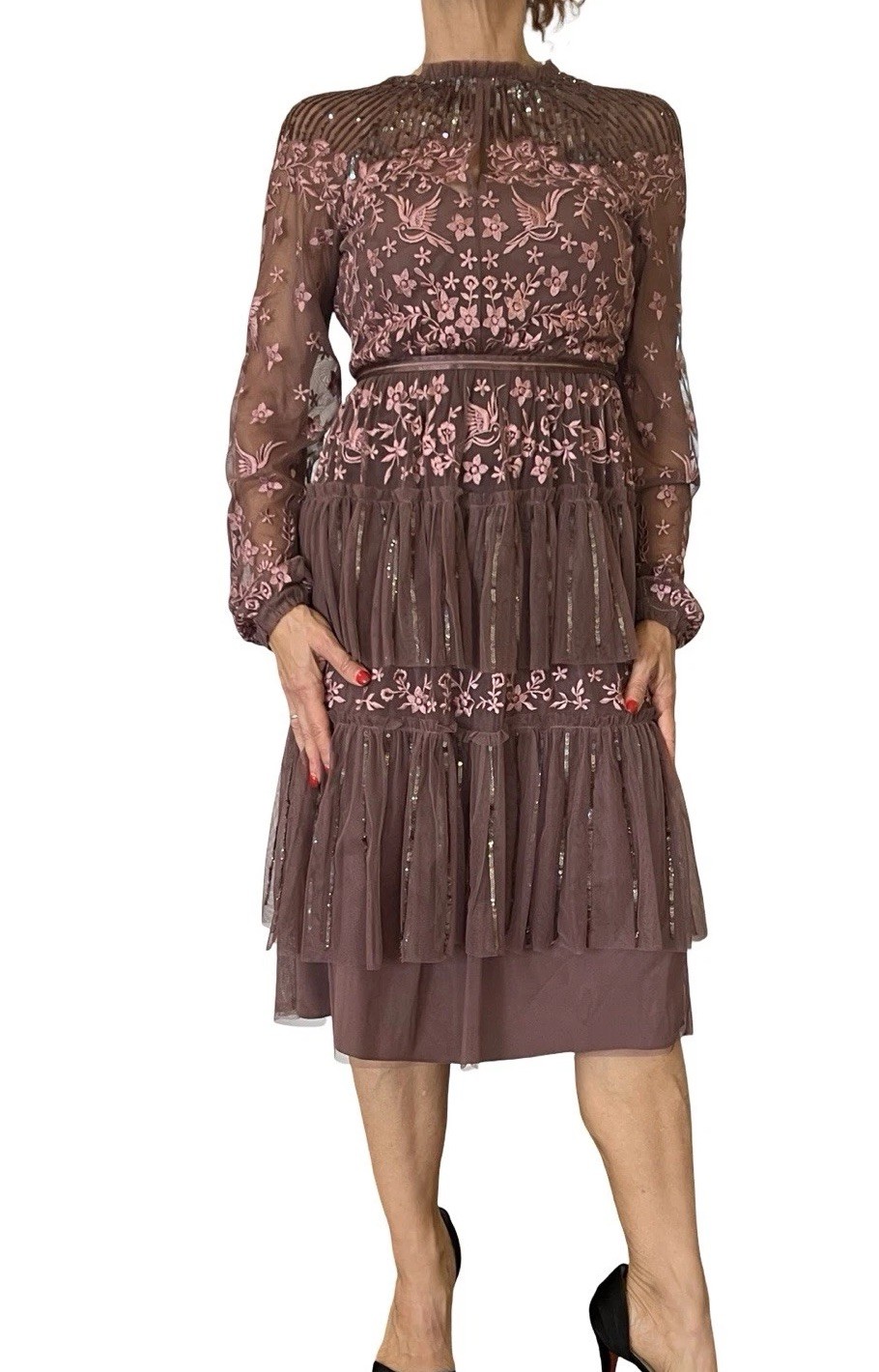 Needle and Thread Sequin Embroidered Tiered Dress sheer long sleeves 0 READ