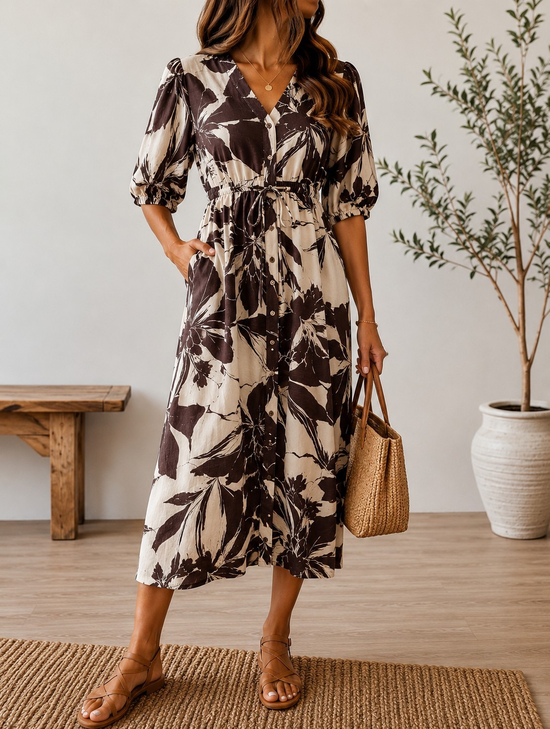 Rachel Zoe Women’s L Brown Ivory Floral V-Neck Button Front 3/4 Midi Dress