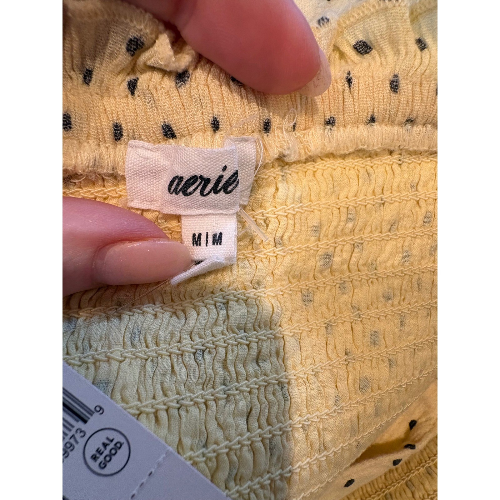 Aerie Yellow Polka Dot Smocked Midi Dress Eyelet Hem 071-7495-2213 Womens Medium