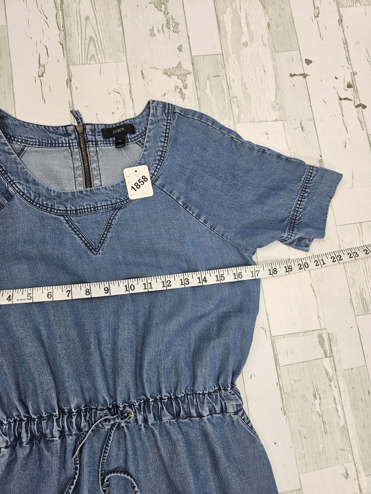 J Crew Chambray Short Sleeve Drawstring Waist Pockets Mini Dress Womens Xsmall