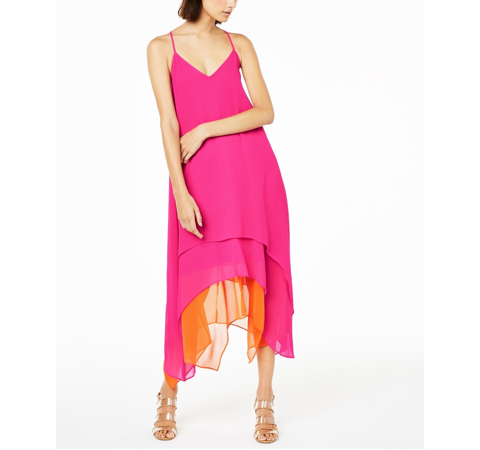 Bar III Womens S Pink Orange Sleeveless Tiered Handkerchief Hem Swing Dress NWT