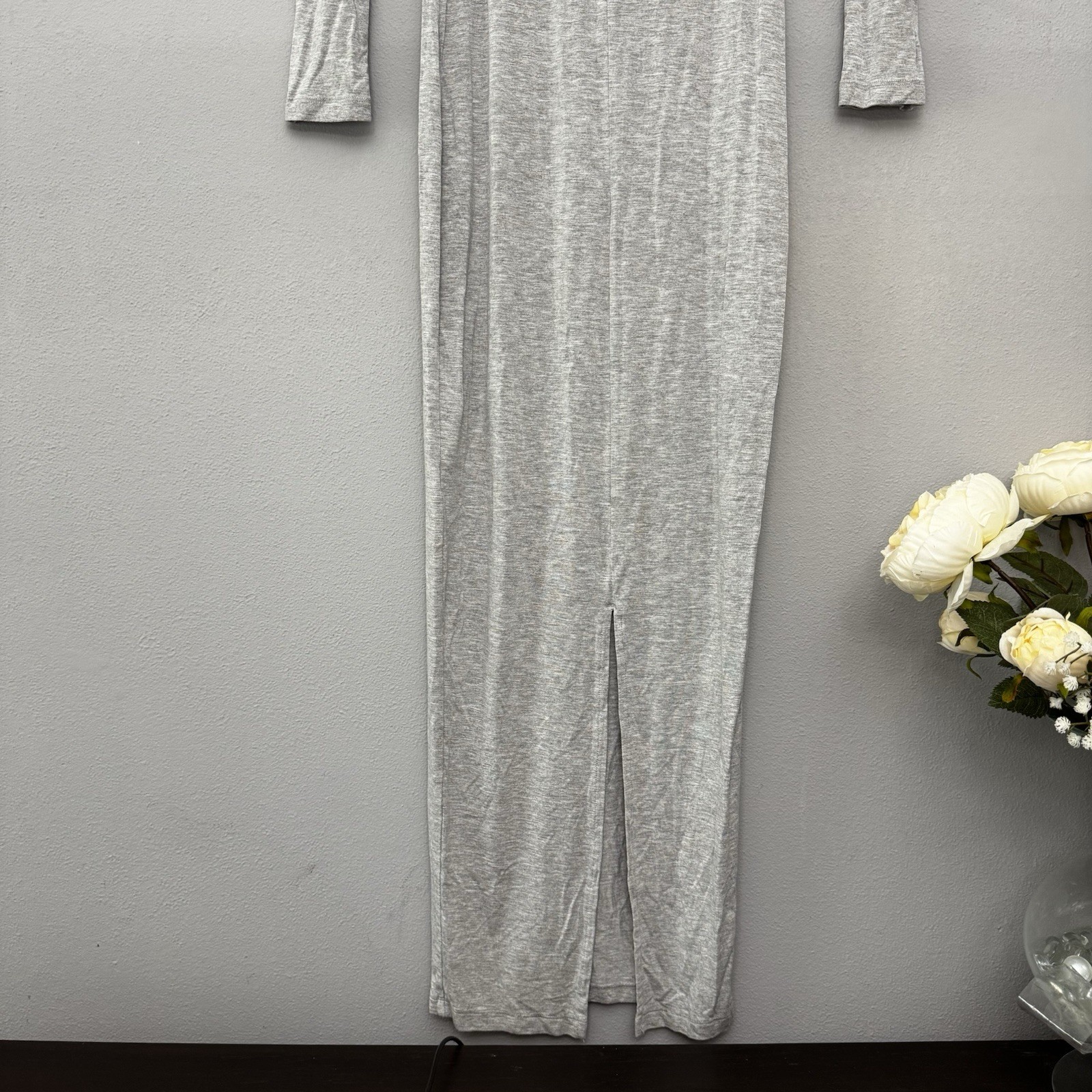 PUMA Classics Open Back Bodycon Maxi Dress Gray Mock Neck Long Sleeve Slit Small