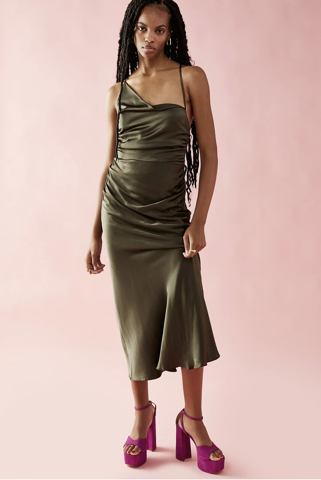 Shona Joy Giorgia Asymmetrical Bias Midi Dress Khaki US 8 UK 12 BNWT NEW $320