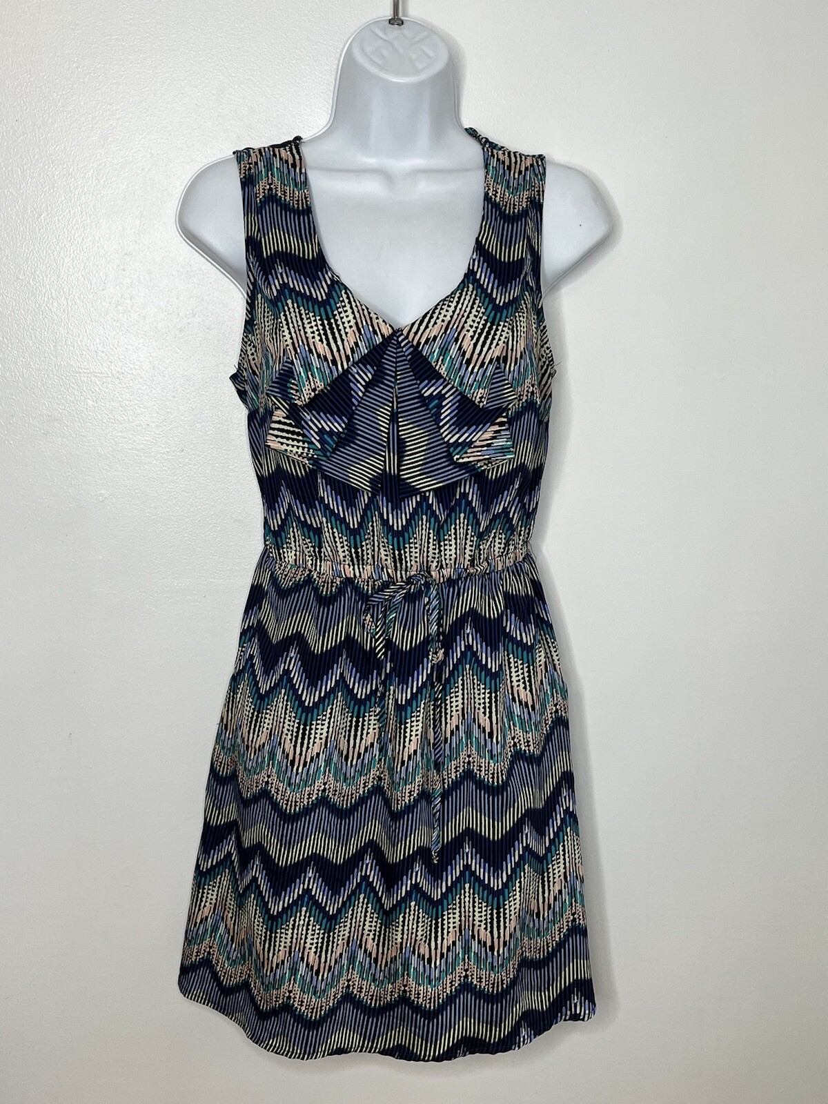 Be Bop Womens Sun Dress Sz M Blue Chevron Striped Artsy Festival Boho Indie