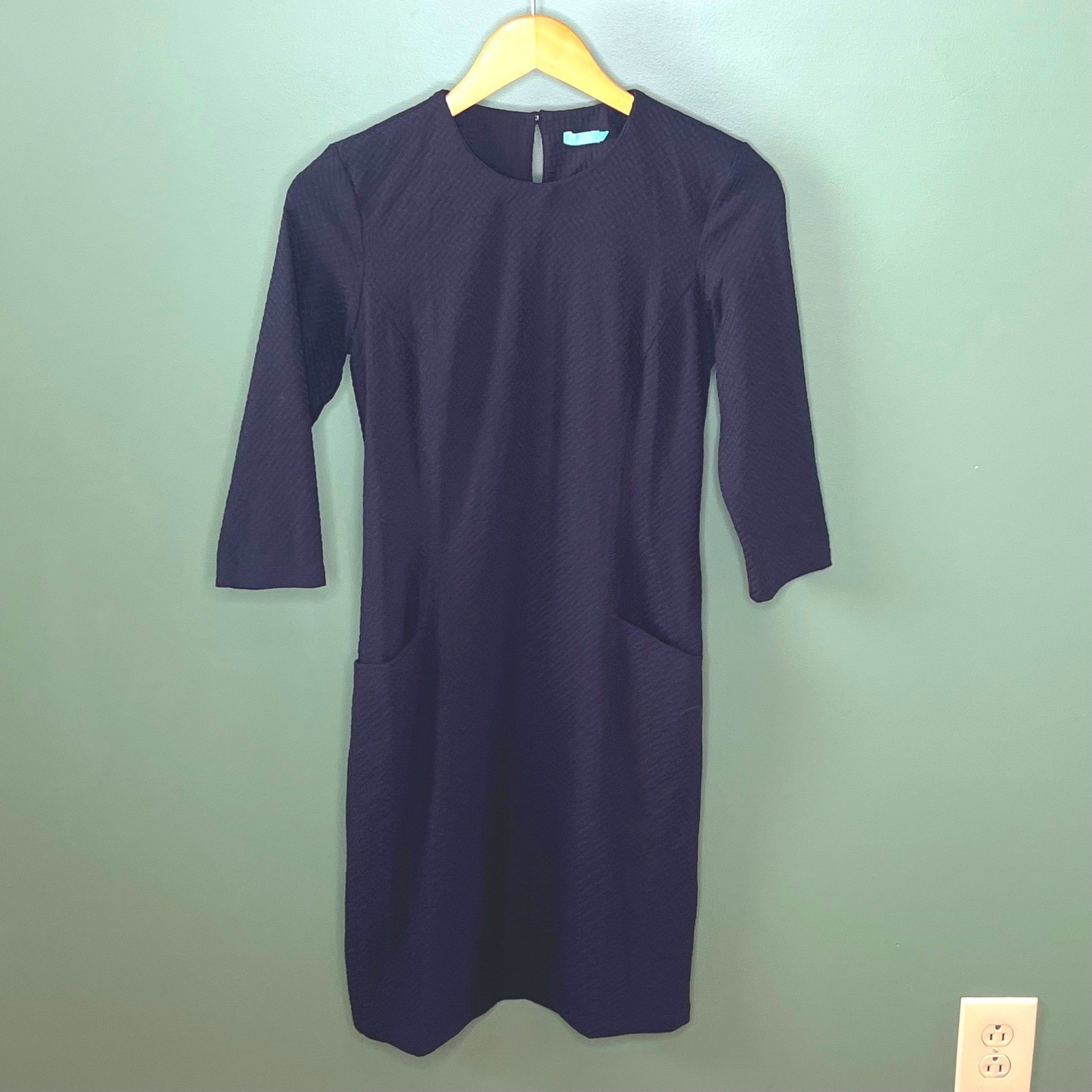 J.McLaughlin Navy Blue Textured Basketweave Sheath Dress 3/4 Sleeve XS Pocket