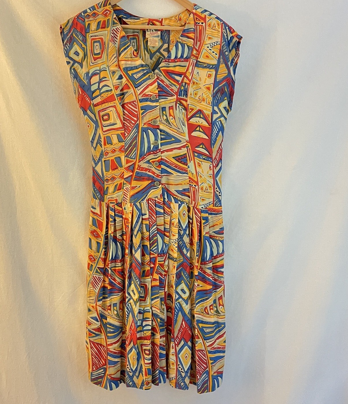 Vintage Adini Abstract Geometric Rayon Midi Dress Made India L Colorful 90s