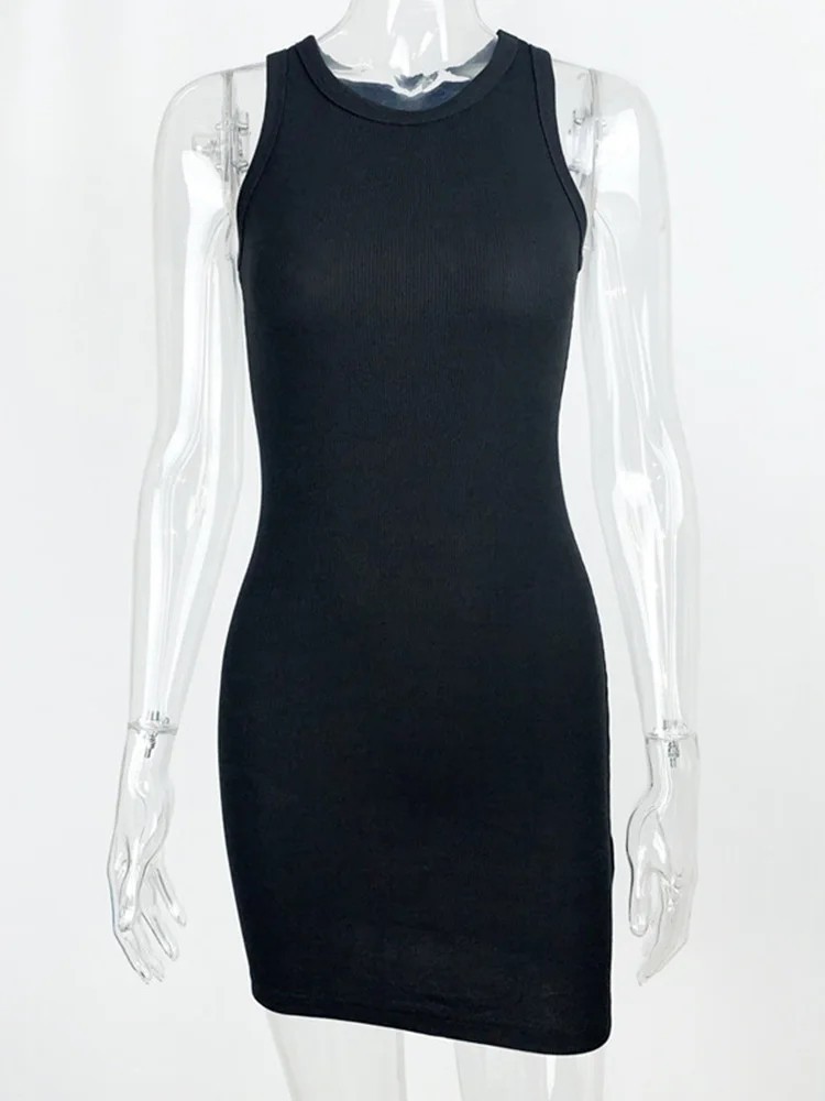 Womens Ribbed Scoop Neck Sleeveless Tank Dresses Basic Bodycon Mini Fit Dress