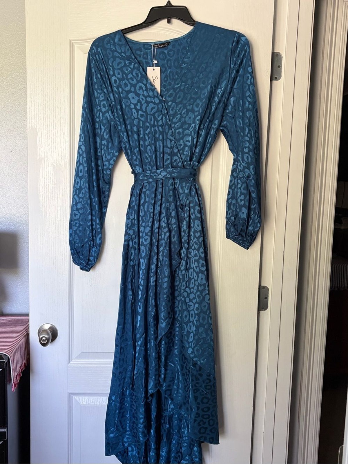 Simple Teal Blue Leopard-Jacquard Wrap Maxi Dress with Self-Tie Belt