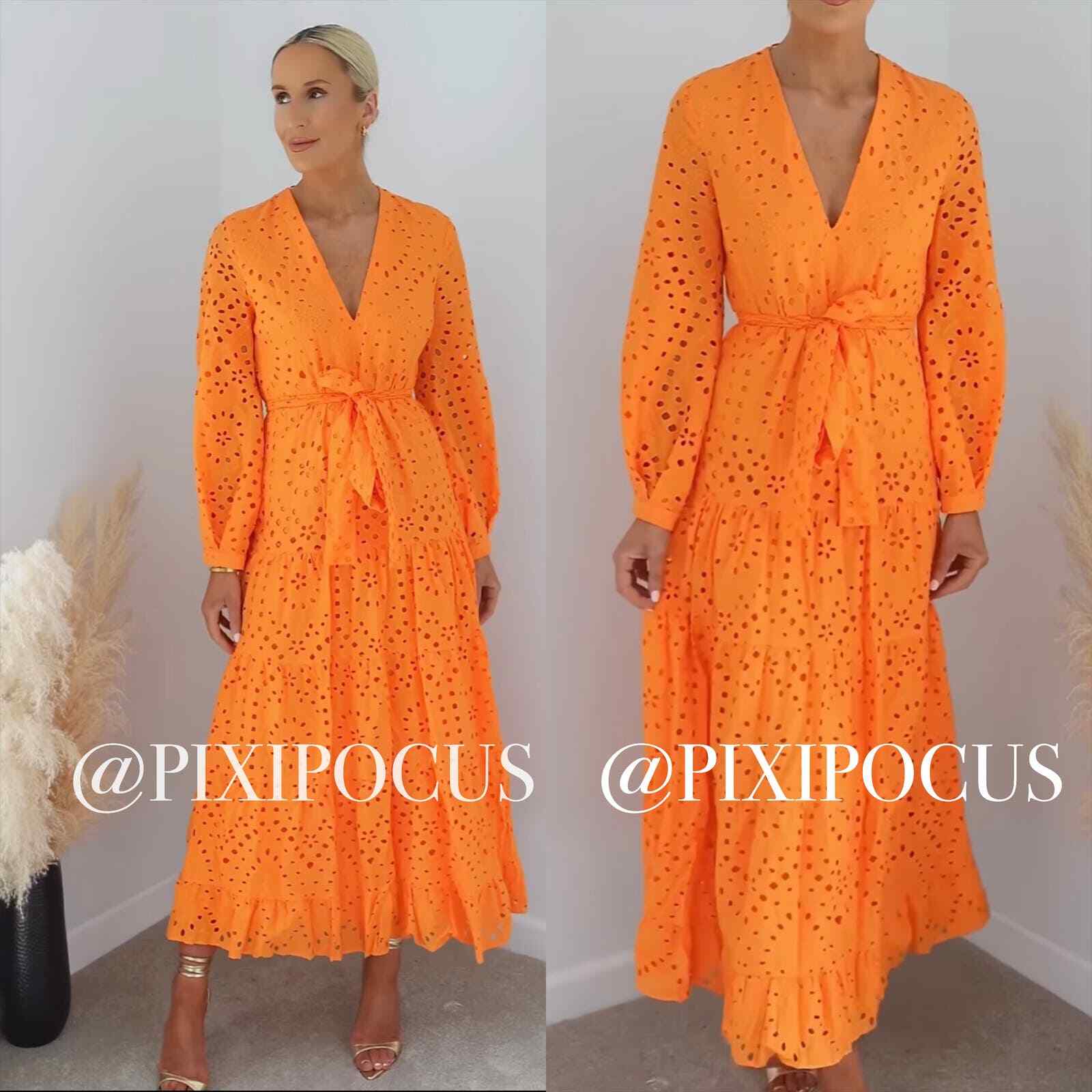 ZARA NEW BELTED EYELET EMBROIDERED MIDI DRESS 100% COTTON ORANGE XL