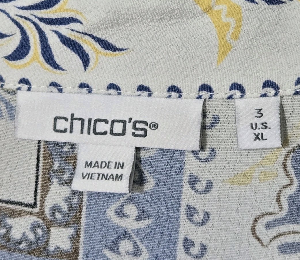 Chicos Floral Patchwork Knee Length Shirt Dress Blue White &Yellow Boho Chic