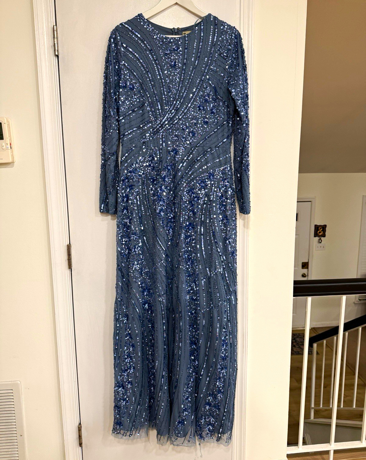 Maryisa Blue Sequin Beaded Mesh Crew Neck Long Sleeve Maxi Formal Dress 12