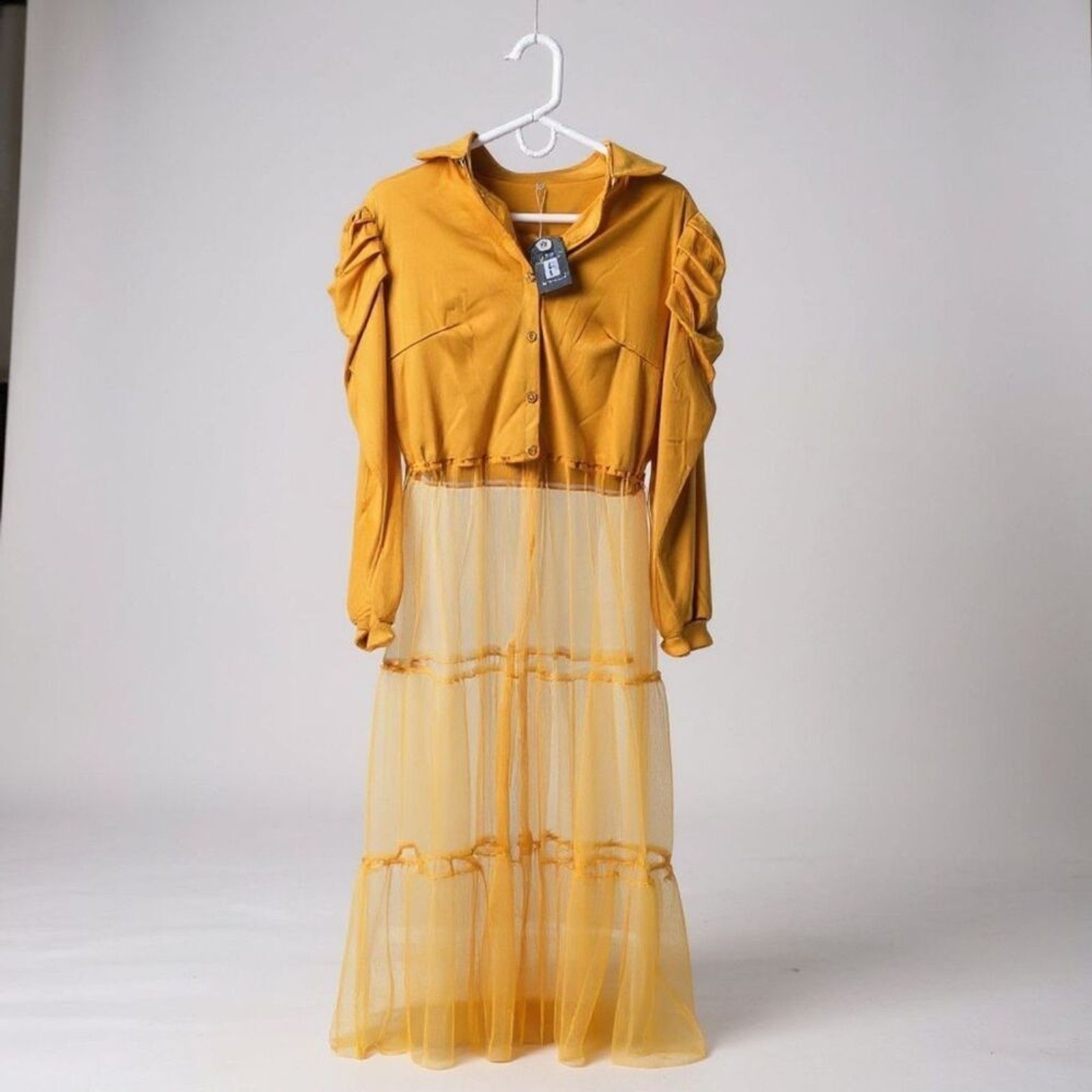 Ekaliy Maxi Shirt Dress Women’s XL Mesh Yellow Long Lantern Sleeve Ruffles