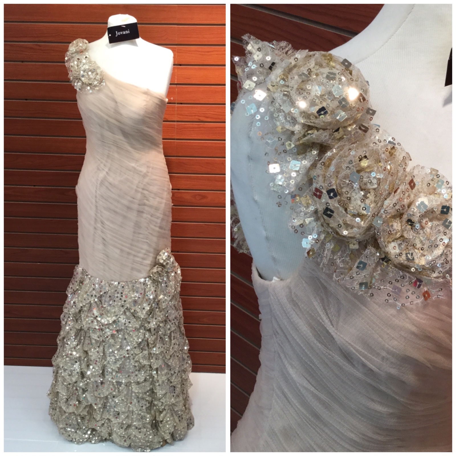 JOVANI COUTURE 5135A ONE SHOULDER MARMAID ROCHED GOWN $799 SZ4,6,8,10, 12,14