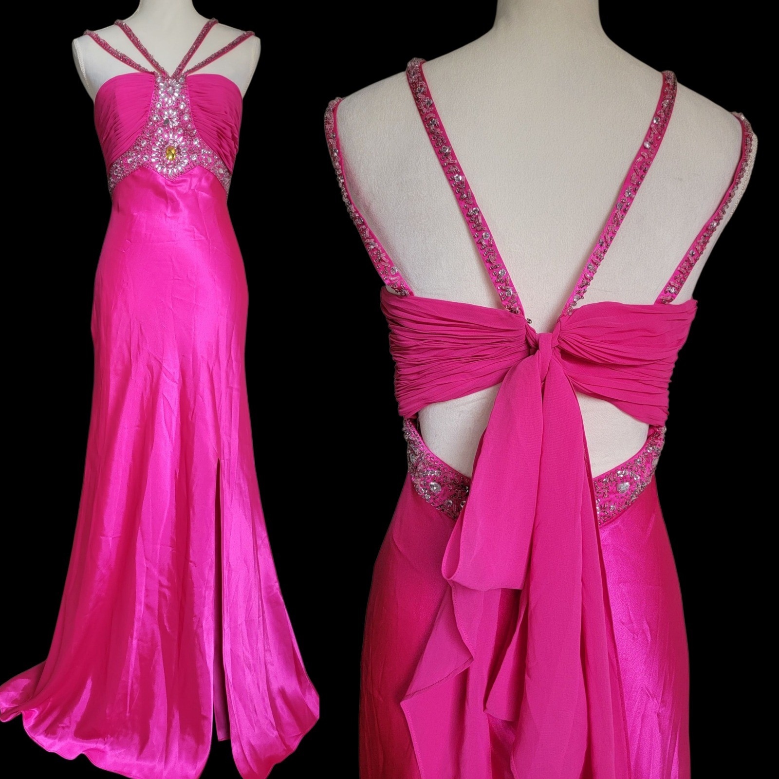 Cache Hot Pink Beaded Strappy Self-Tie Bow Closure Evening Gown Dress Size 6
