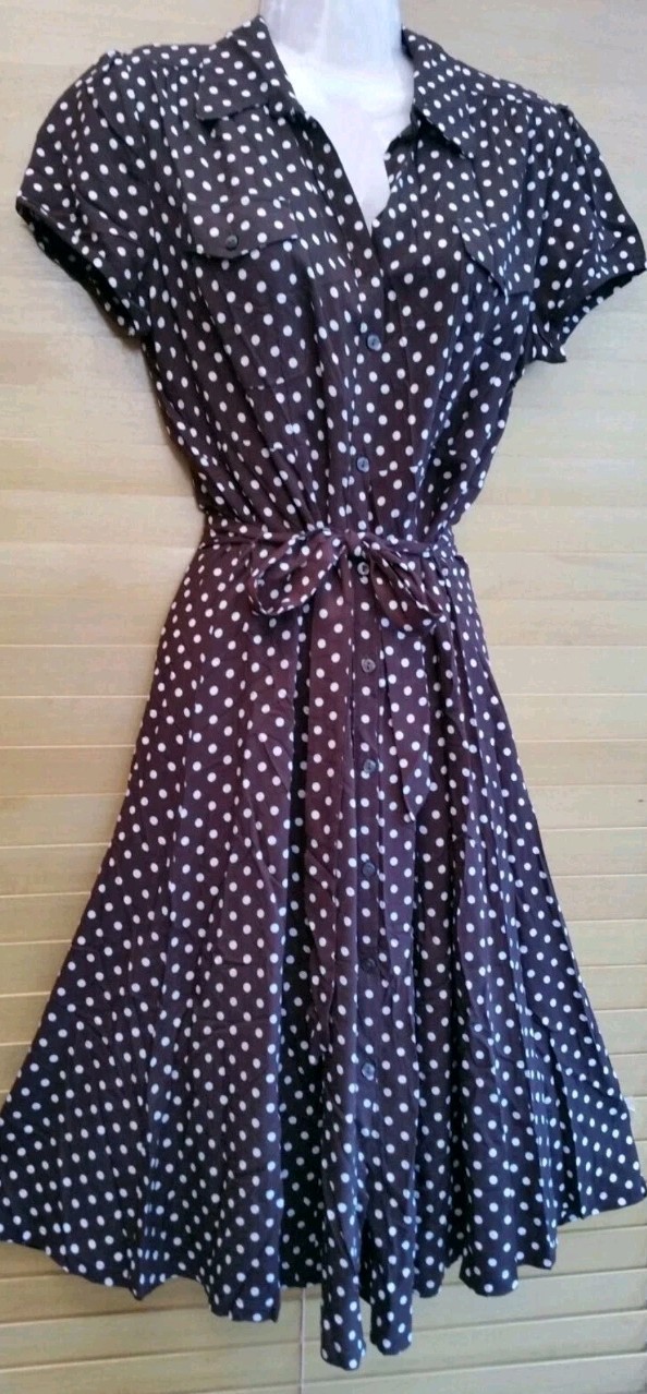 Vintage 1940s 1950s Style brown white polka dot shirt waister dress Size 12