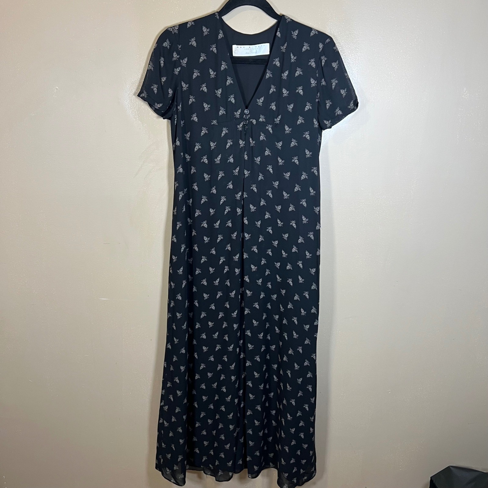 Max Studio Leon Max Black Acorn Print V-Neck Midi Dress Vintage 90s Style Small
