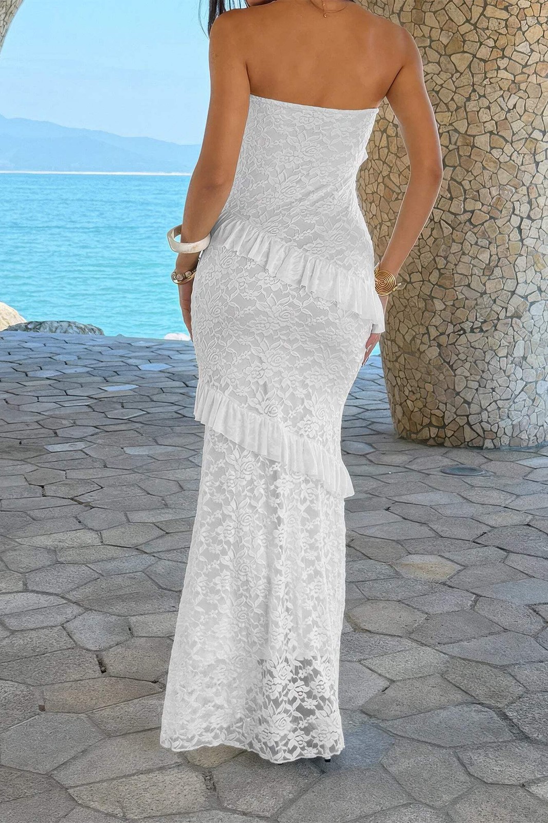 Women’s Lace Strapless Bodycon Maxi Dress Ruffle Formal Wedding Party
