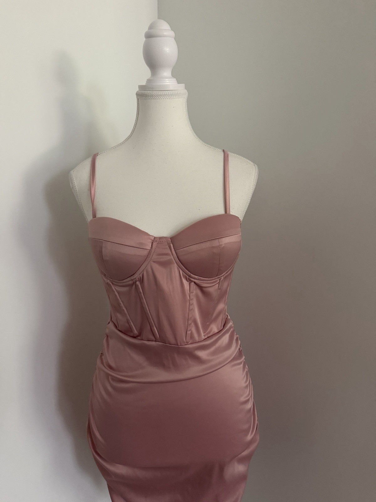 Pink Solid Satin Sweetheart Ruched Bodycon Mini Dress Zip Size S