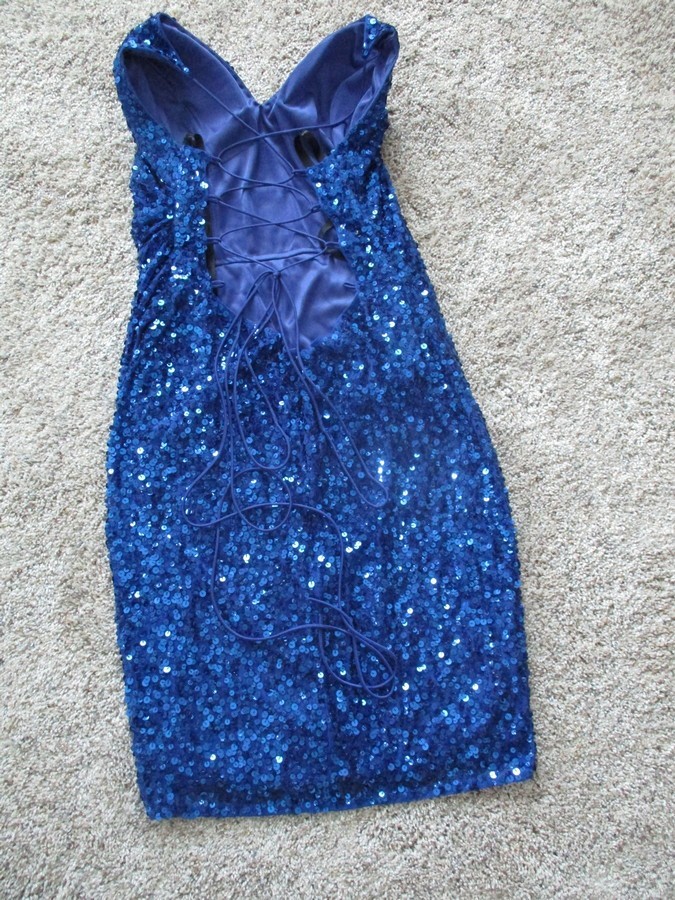 EYE CATCHING! “PRIMAVERA” BLUE SEQUIN DRESS SZ 10~TIE BACK~Prom Party Dance-LN!