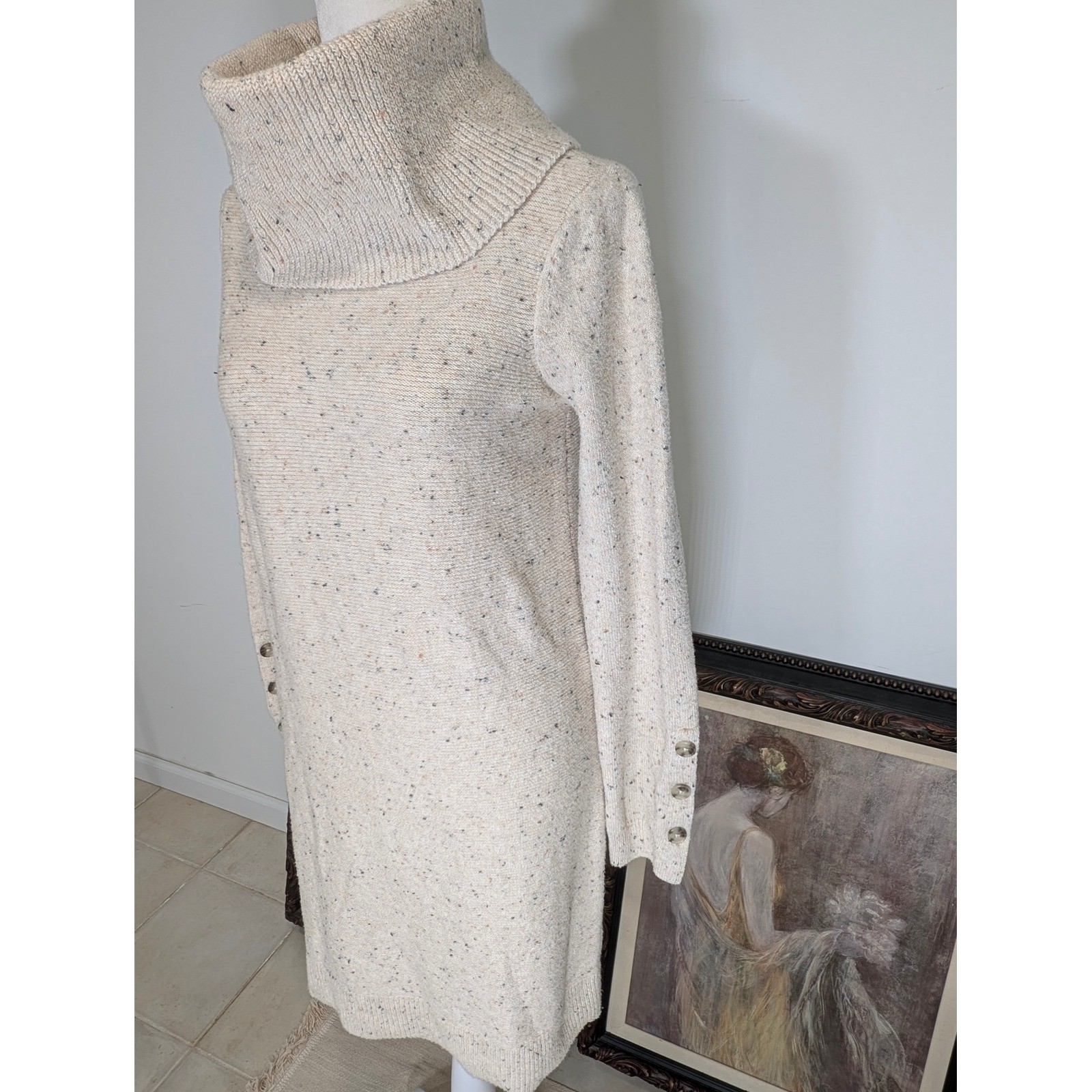 LOFT Women’s Cream Speckled Turtleneck Long Sleeve Sweater Dress Button Cuff S