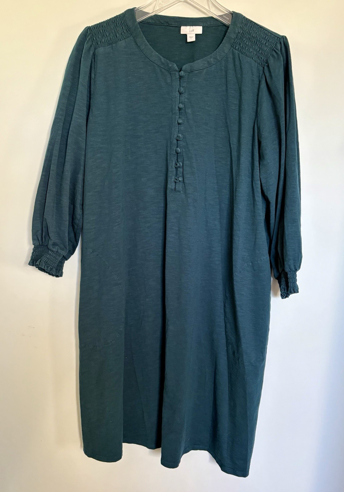 J Jill Teal Dress W/ Smocking & Covered Buttons Detail Size L – Long Sleeves EUC