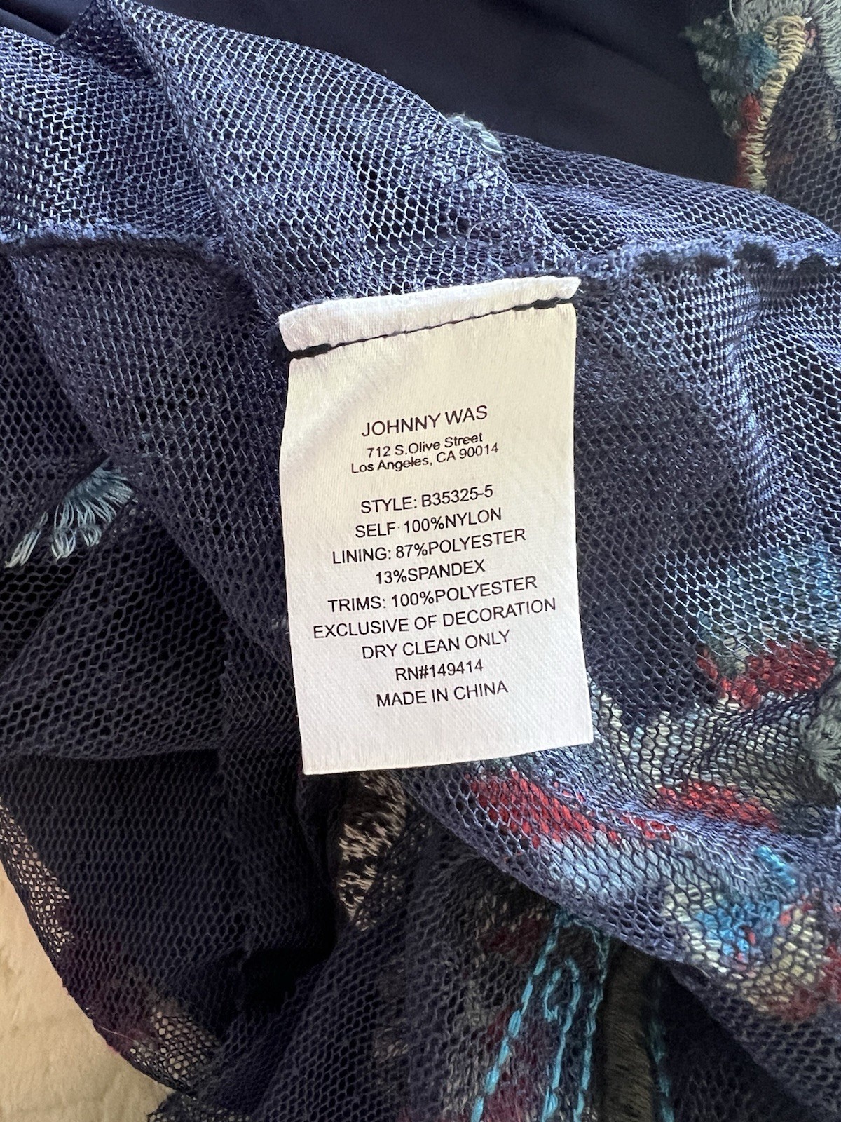 NWT $425 Johnny Was blue nights Zinoviah Mesh Dress & Slip embroidered floral S