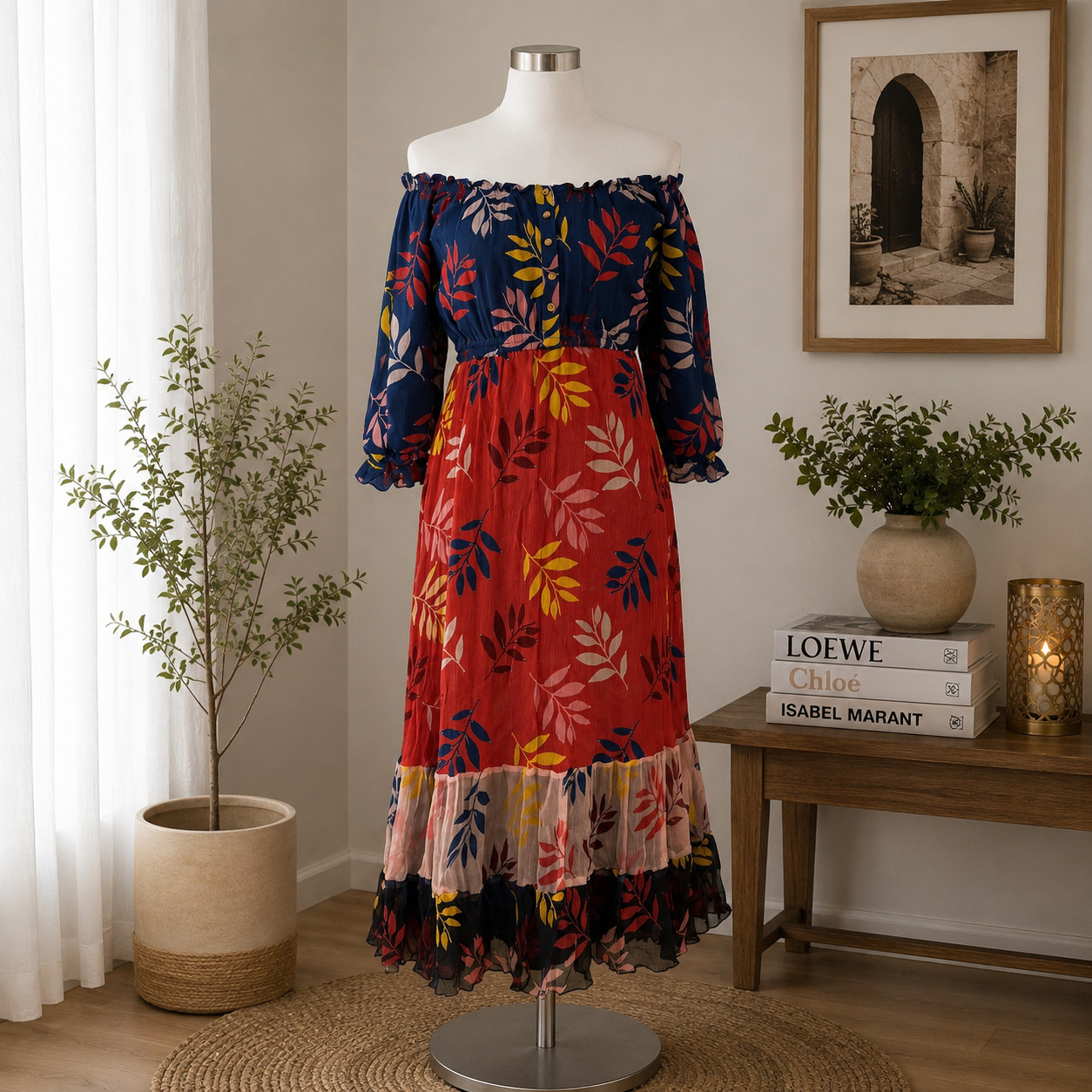Carolina K Dress Womens XS Off Shoulder Midi Floral Boho Vacation Cruise Resort