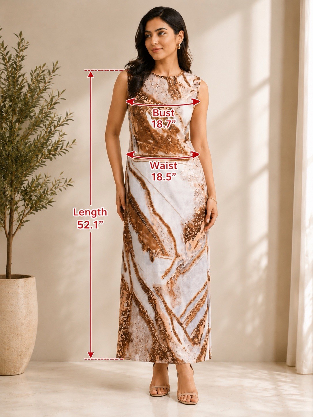 Women’s Abstract Marble Print Midi Dress Sleeveless Floor Length Side Slits Pock