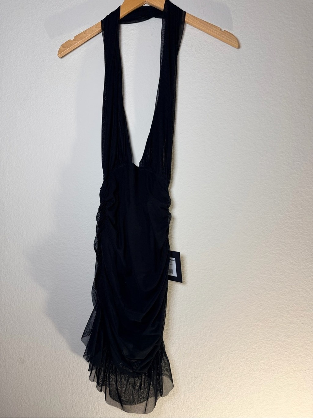 NWT Norma Kamali Ruffle Halter Mio Mini Dress Black Mesh M 38