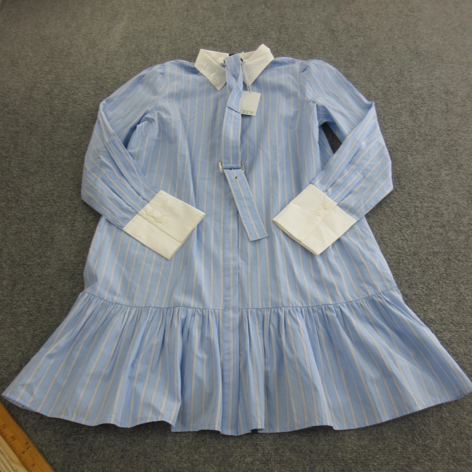J.Crew Dress Womens 6 Blue Striped Cotton Shirt Ruffle Hem Belted Long Sleeve