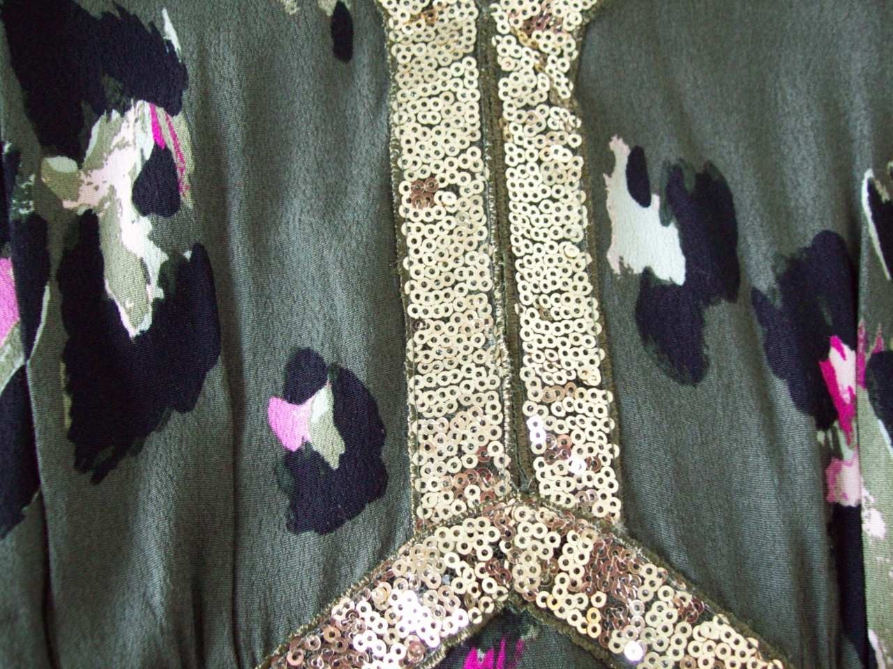 Next Love & Roses Khaki Green Animal Sequin Angel Sleeve Midi Dress Size 14