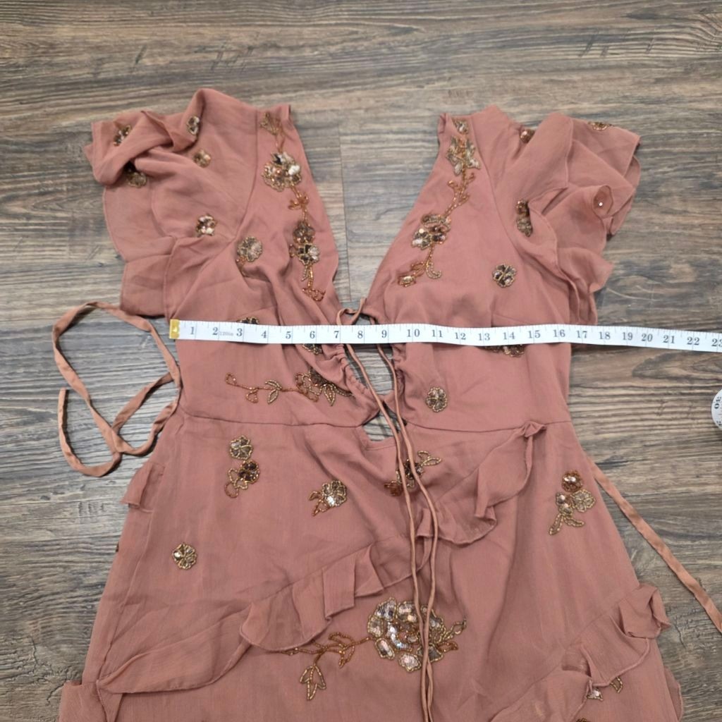 ASOS Design Beaded Ruffle Mini Dress Dusty Rose US 12 NWT