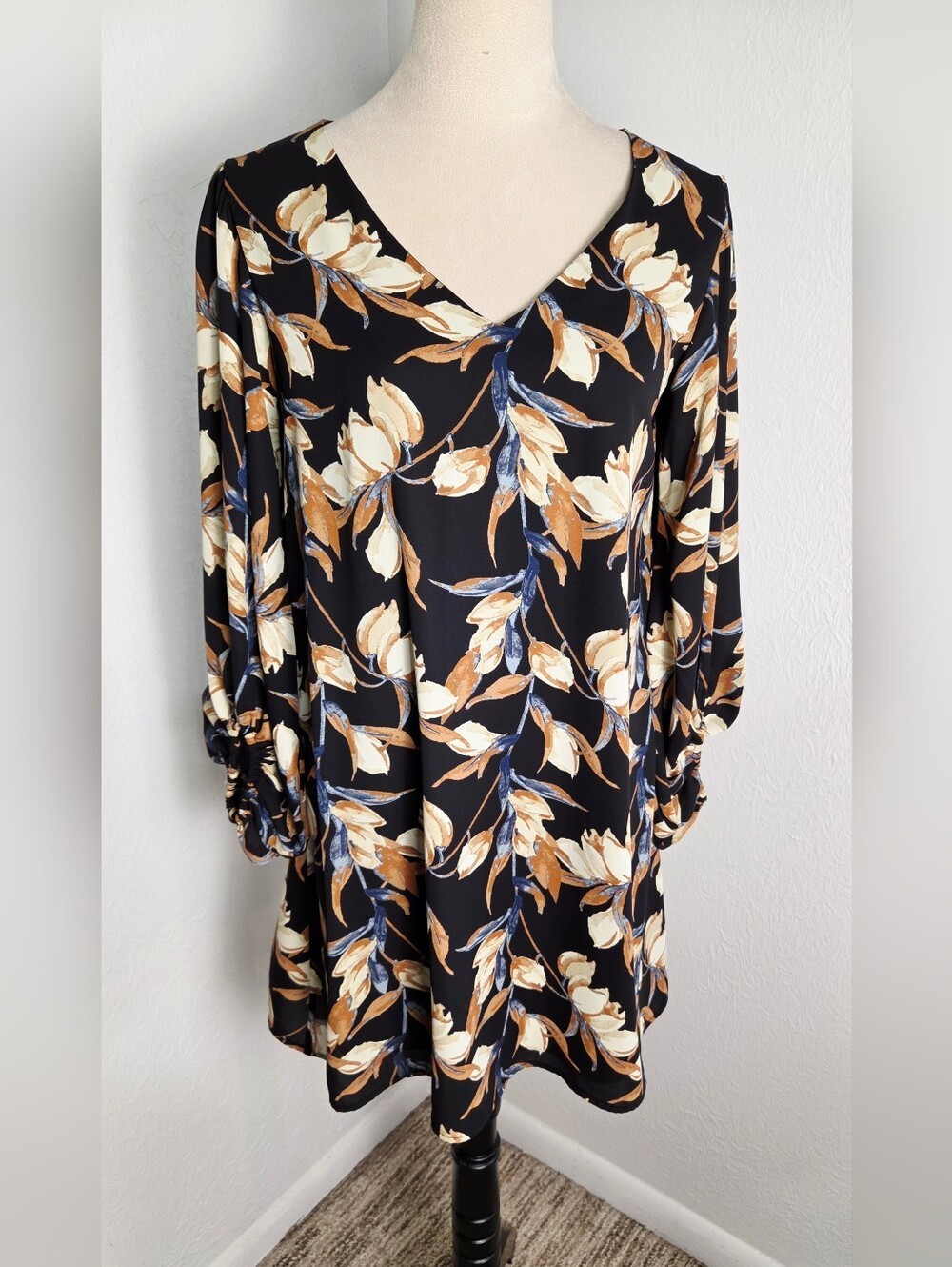 Adrienne Black, Cream, Blue Rust Floral Shift Dress Long Balloon Sleeves, Small