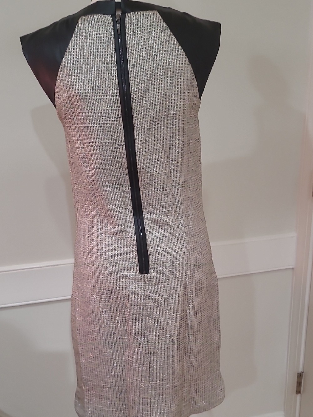 M & S Limited Edition Sleeveless Tweed Shift Dress with Black Faux-Leather Trim