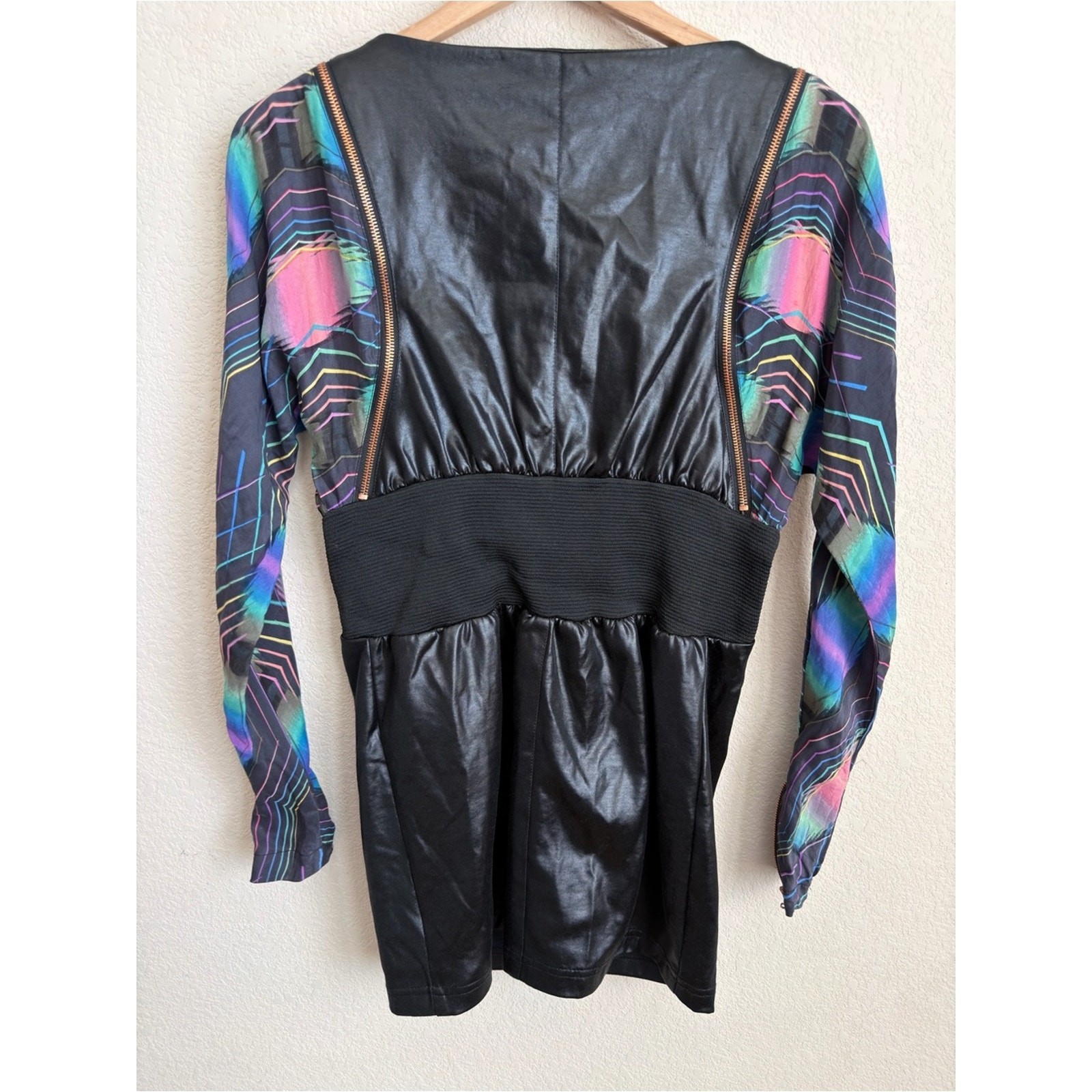 Topshop Unique Faux Leather Silk Sleeve Mini Dress UK 6 US 2 Zip Goth Punk Flaws