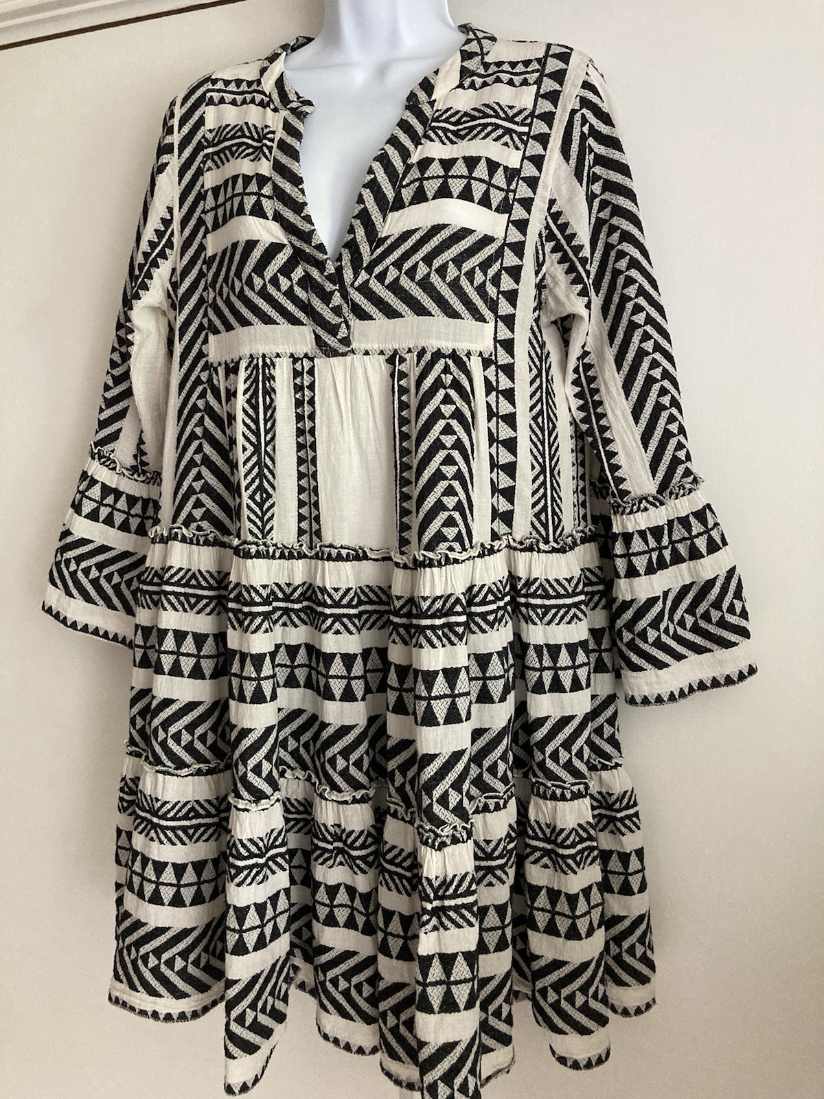 Devotion Twins Ella Black & Off White 100% Cotton Tiered Tunic Dress, Sz XS