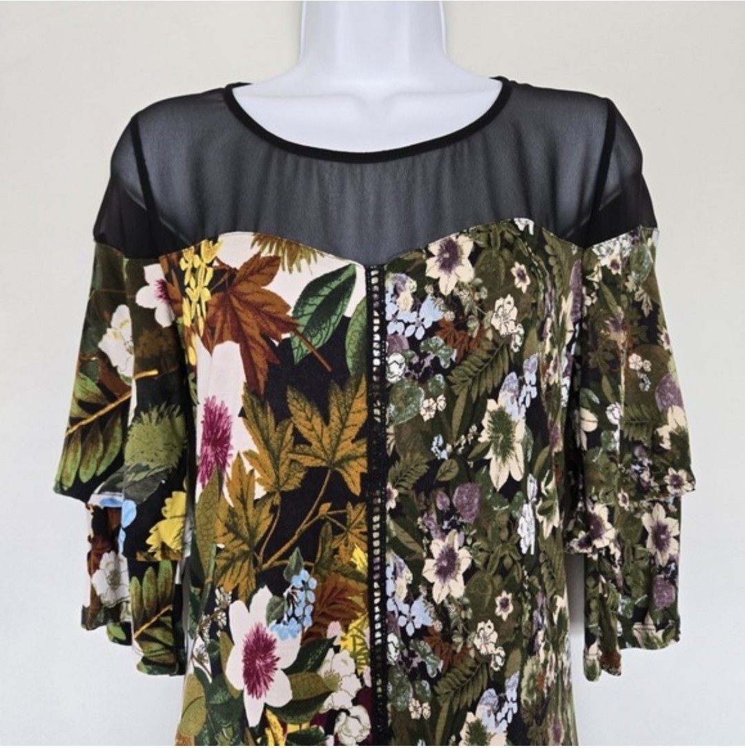 Desigual Morgana Floral Patchwork Dress Sze S Sheer Mesh Bell Sleeve Cottagecore